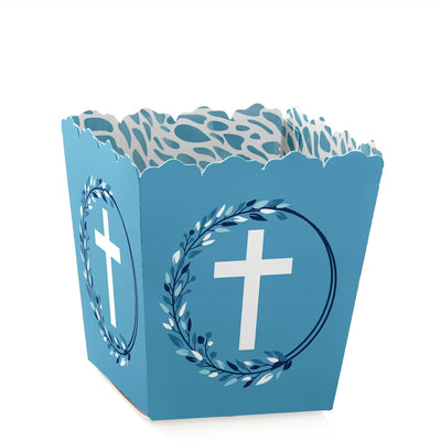 Blue Elegant Cross - Party Mini Favor Boxes - Boy Religious Party Treat Candy Boxes - Set of 12