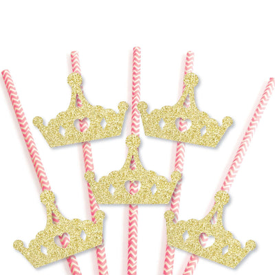 Gold Glitter Princess Crown Party Straws - No-Mess Real Gold Glitter Cut-Outs and Decorative Pink and Gold Princess Baby Shower or Birthday Party Paper Straws - Set of 24