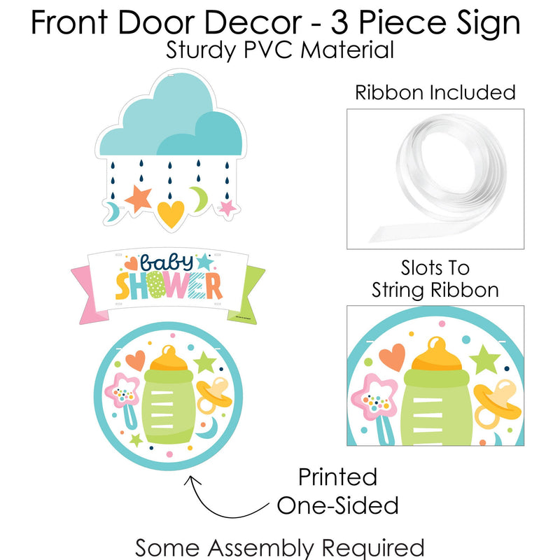 Colorful Baby Shower - Hanging Porch Gender Neutral Party Outdoor Decorations - Front Door Decor - 3 Piece Sign