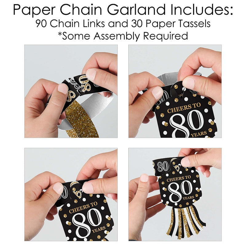Adult 80th Birthday - Gold - 90 Chain Links and 30 Paper Tassels Decoration Kit - Birthday Party Paper Chains Garland - 21 feet