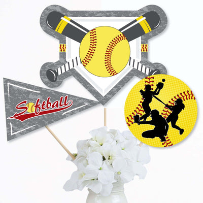 Grand Slam - Fastpitch Softball - Birthday Party or Baby Shower Centerpiece Sticks - Table Toppers - Set of 15