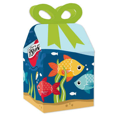 Let's Go Fishing - Square Favor Gift Boxes - Fish Themed Birthday Party or Baby Shower Bow Boxes - Set of 12