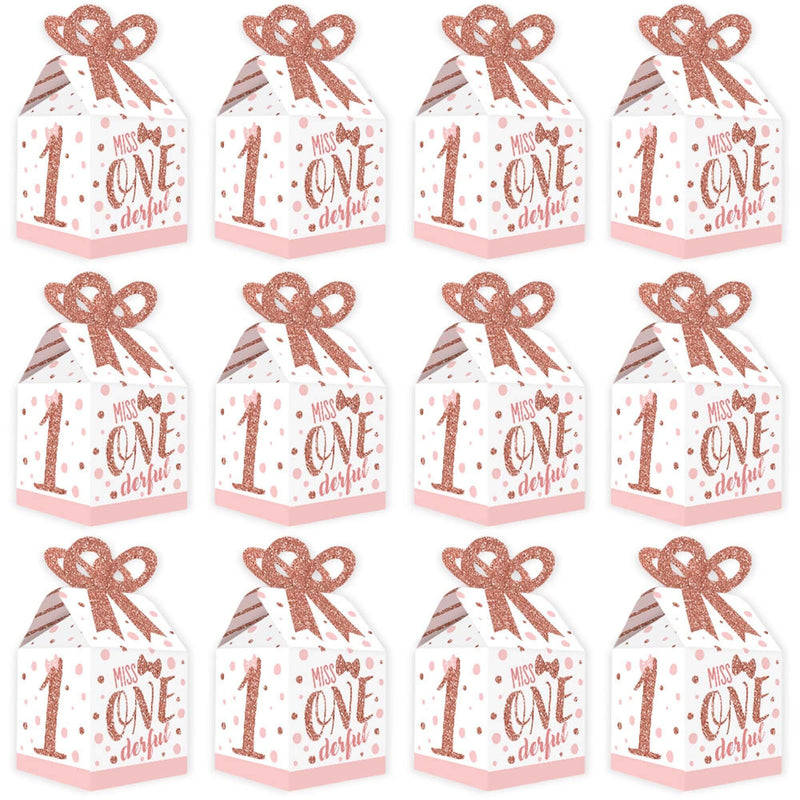 1st Birthday Little Miss Onederful - Square Favor Gift Boxes - Girl First Birthday Party Bow Boxes - Set of 12