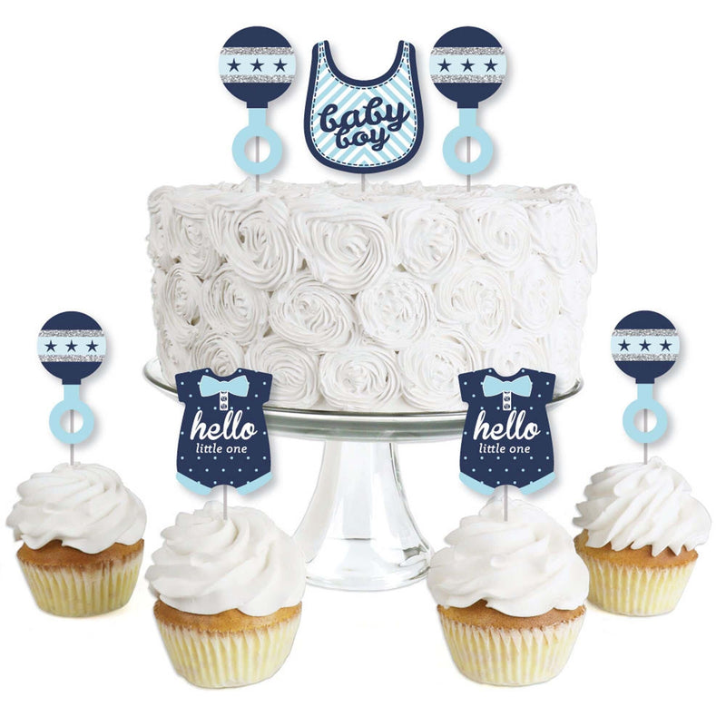 Hello Little One - Blue and Silver - Dessert Cupcake Toppers - Boy Baby Shower Clear Treat Picks - Set of 24