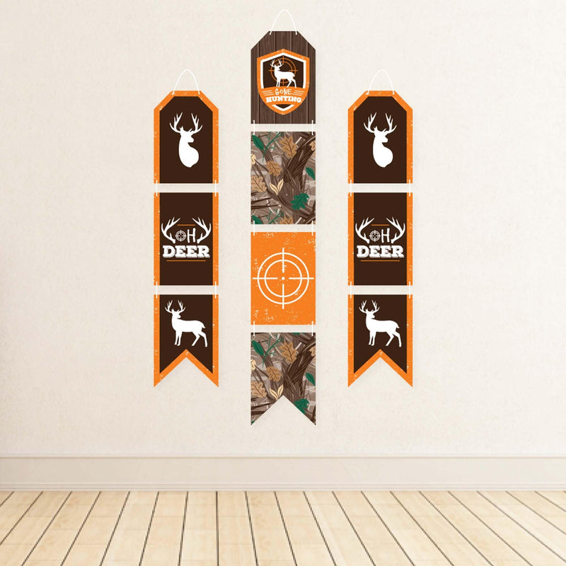 Gone Hunting - Hanging Vertical Paper Door Banners - Deer Hunting Camo Baby Shower or Birthday Party Wall Decoration Kit - Indoor Door Decor