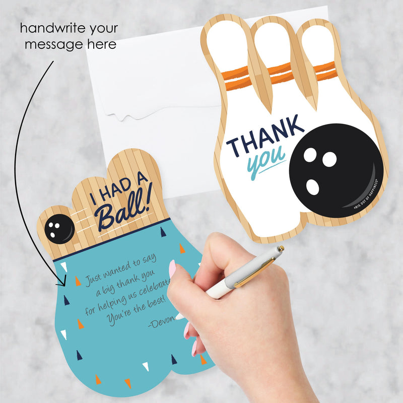 Strike Up the Fun - Bowling - Shaped Thank You Cards - Birthday Party or Baby Shower Thank You Note Cards with Envelopes - Set of 12