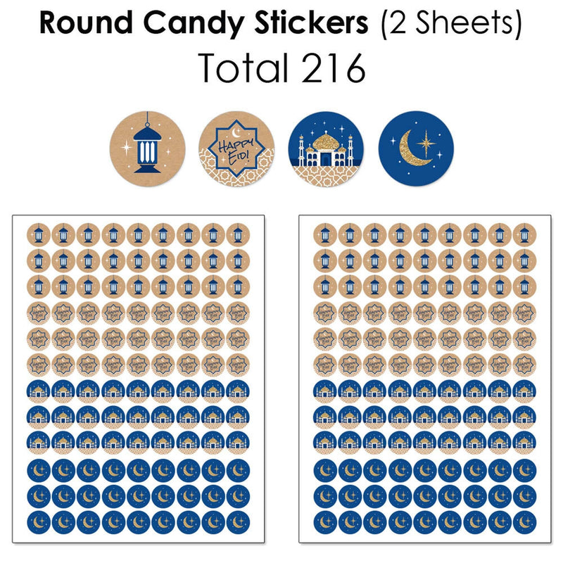 Ramadan - Mini Candy Bar Wrappers, Round Candy Stickers and Circle Stickers - Eid Mubarak Candy Favor Sticker Kit - 304 Pieces