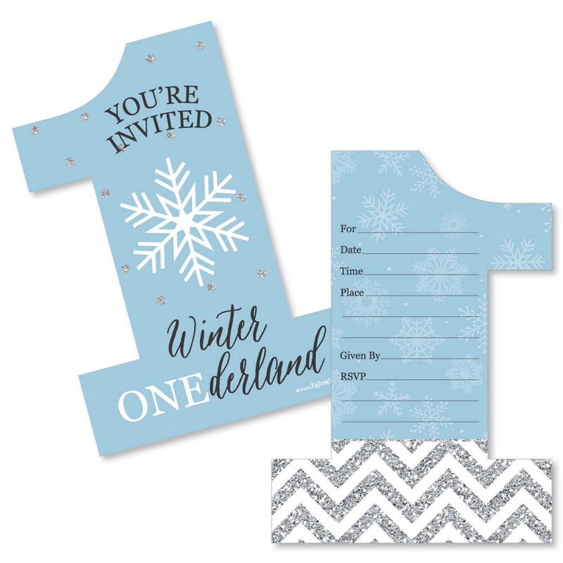 ONEderland - Shaped Fill-In Invitations - Holiday Snowflake Winter Wonderland Birthday Party Invitation Cards with Envelopes - Set of 12