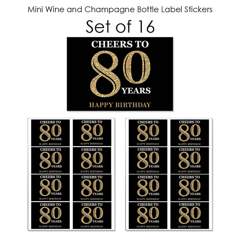 Adult 80th Birthday - Gold - Mini Wine and Champagne Bottle Label Stickers - Birthday Party Favor Gift - For Women and Men - Set of 16