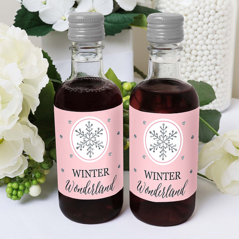 Pink Winter Wonderland - Mini Wine and Champagne Bottle Label Stickers - Holiday Snowflake Birthday Party and Baby Shower Party Favor Gift - For Women and Men - Set of 16