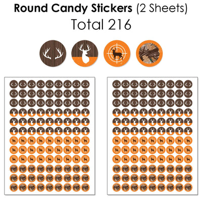 Gone Hunting - Mini Candy Bar Wrappers, Round Candy Stickers and Circle Stickers - Deer Hunting Camo Baby Shower or Birthday Party Candy Favor Sticker Kit - 304 Pieces