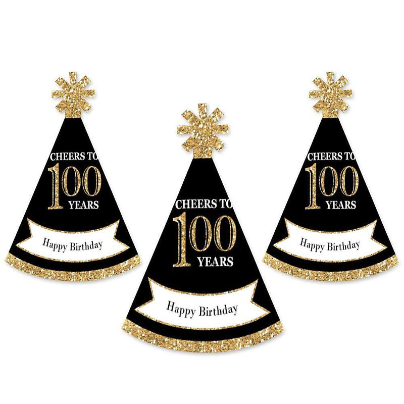 Adult 100th Birthday - Gold - Mini Cone Birthday Party Hats - Small Little Party Hats - Set of 8