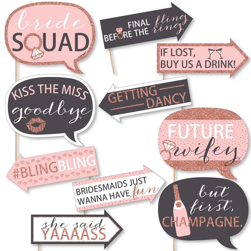 Funny Bride Squad - 10 Piece Rose Gold Bachelorette Party Photo Booth Props Kit