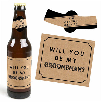 Kraft Mustache - Decorations for Men - 6 Will You Be My Groomsman Beer Bottle Label Stickers and 1 Carrier