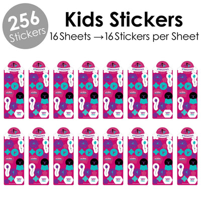 Tumble, Flip & Twirl - Gymnastics - Gymnast Birthday Party Favor Kids Stickers - 16 Sheets - 256 Stickers