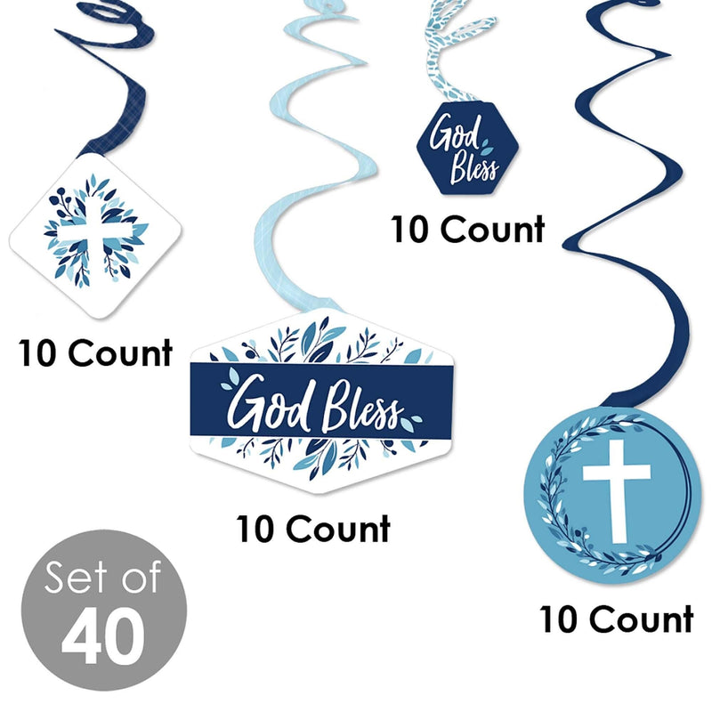 Blue Elegant Cross - Boy Religious Party Hanging Decor - Party Decoration Swirls - Set of 40