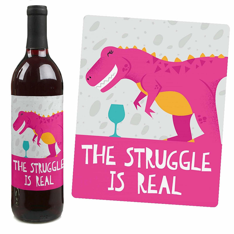 Roar Dinosaur Girl - Dino Mite T-Rex Birthday Party Decorations for Women and Men - Wine Bottle Label Stickers - Set of 4