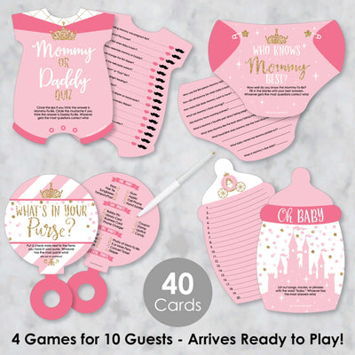 Little Princess Crown - 4 Pink and Gold Princess Baby Shower Games - 10 Cards Each - Who Knows Mommy Best, Mommy or Daddy Quiz, What's in Your Purse and Oh Baby - Gamerific Bundle