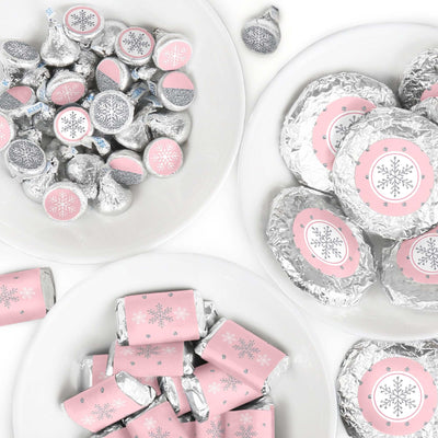 Pink Winter Wonderland - Mini Candy Bar Wrappers, Round Candy Stickers and Circle Stickers - Holiday Snowflake Birthday Party and Baby Shower Candy Favor Sticker Kit - 304 Pieces
