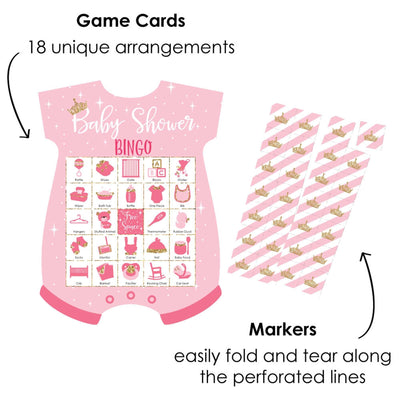 Little Princess Crown - Picture Bingo Cards and Markers - Pink and Gold Princess Baby Shower Shaped Bingo Game - Set of 18