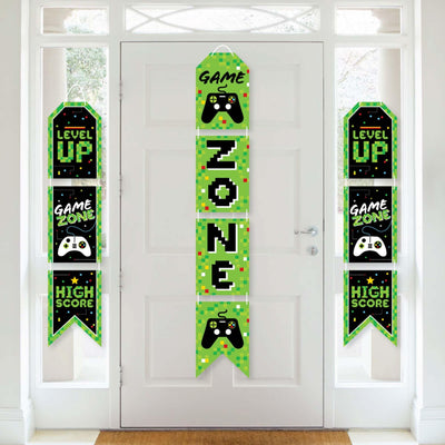 Game Zone - Hanging Vertical Paper Door Banners - Pixel Video Game Party or Birthday Party Wall Decoration Kit - Indoor Door Decor