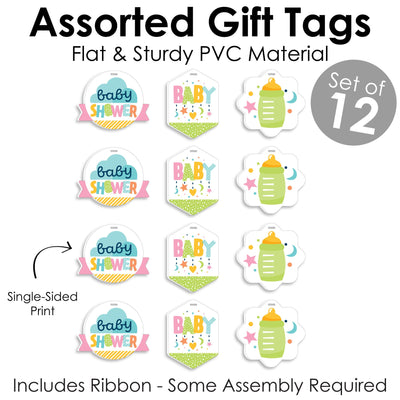 Colorful Baby Shower - Assorted Hanging Gender Neutral Party Favor Tags - Gift Tag Toppers - Set of 12