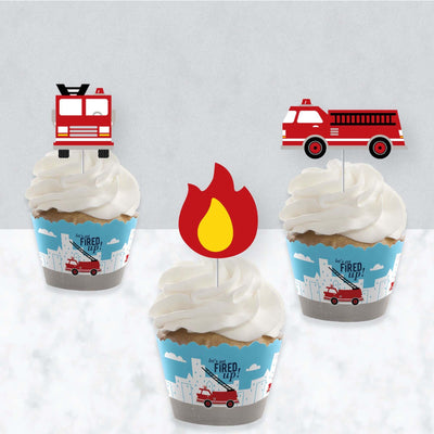 Fired Up Fire Truck - Cupcake Decoration - Firefighter Firetruck Baby Shower or Birthday Party Cupcake Wrappers and Treat Picks Kit - Set of 24