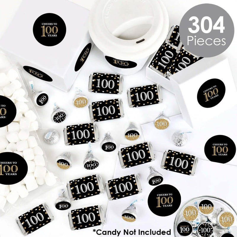 Adult 100th Birthday - Gold - Mini Candy Bar Wrappers, Round Candy Stickers and Circle Stickers - Birthday Party Candy Favor Sticker Kit - 304 Pieces