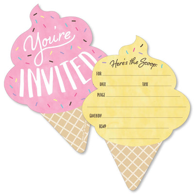 Scoop Up The Fun - Ice Cream - Shaped Fill-In Invitations - Sprinkles Party Invitation Cards with Envelopes - Set of 12