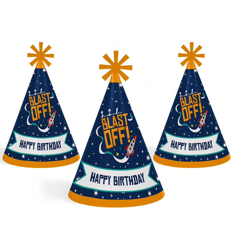 Blast Off to Outer Space - Cone Happy Birthday Party Hats for Kids and Adults - Set of 8 (Standard Size)
