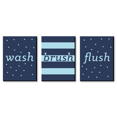 Boy - Blue and Navy - Kids Bathroom Rules Wall Art - 7.5 x 10 inches - Set of 3 Signs - Wash, Brush, Flush