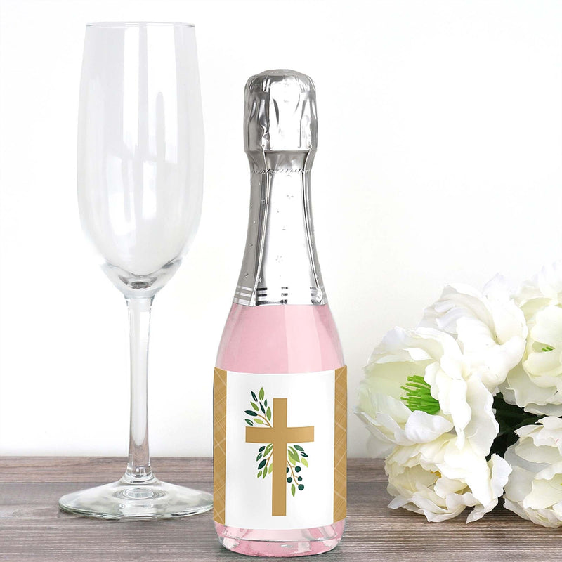 Elegant Cross - Mini Wine and Champagne Bottle Label Stickers - Religious Party Favor Gift for Women and Men - Set of 16