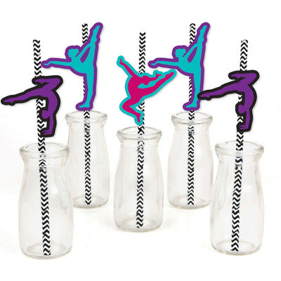 Tumble, Flip & Twirl - Gymnastics - Paper Straw Decor - Birthday Party or Gymnast Party Striped Decorative Straws - Set of 24