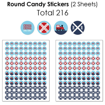 Railroad Party Crossing - Mini Candy Bar Wrappers, Round Candy Stickers and Circle Stickers - Steam Train Birthday Party or Baby Shower Candy Favor Sticker Kit - 304 Pieces