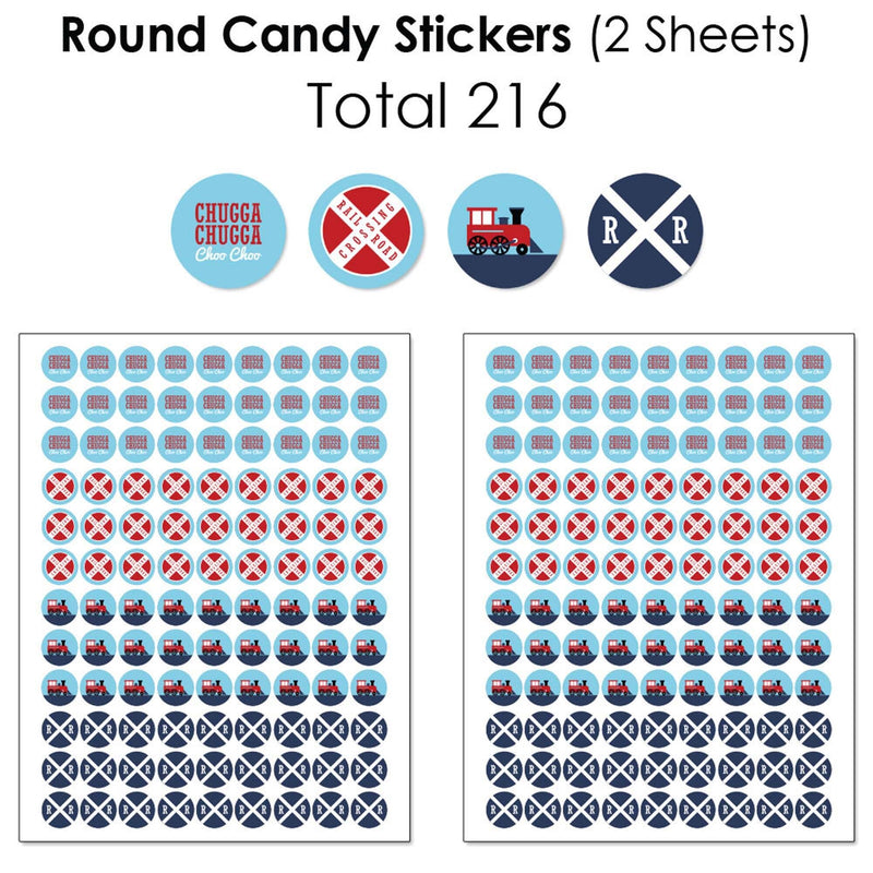 Railroad Party Crossing - Mini Candy Bar Wrappers, Round Candy Stickers and Circle Stickers - Steam Train Birthday Party or Baby Shower Candy Favor Sticker Kit - 304 Pieces