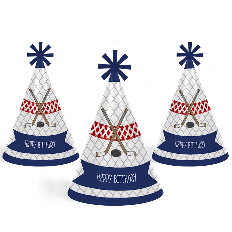 Shoots and Scores - Hockey - Cone Happy Birthday Party Hats for Kids and Adults - Set of 8 (Standard Size)