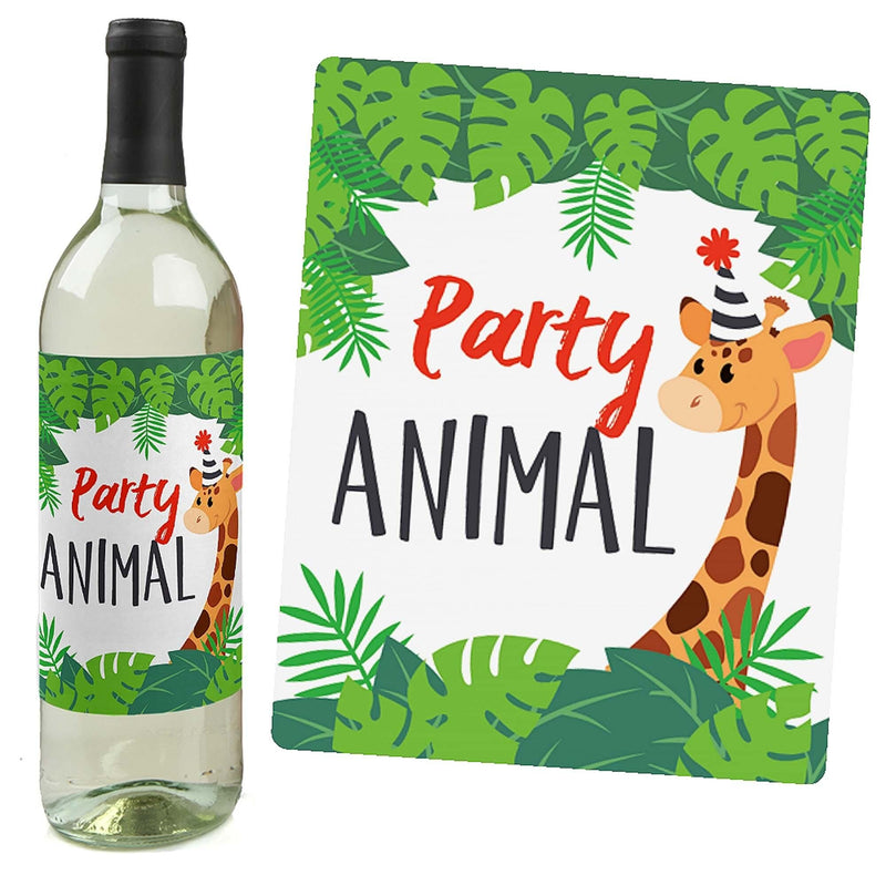 Jungle Party Animals - Safari Zoo Animal Birthday Party or Baby Shower Decorations for Women and Men - Wine Bottle Label Stickers - Set of 4