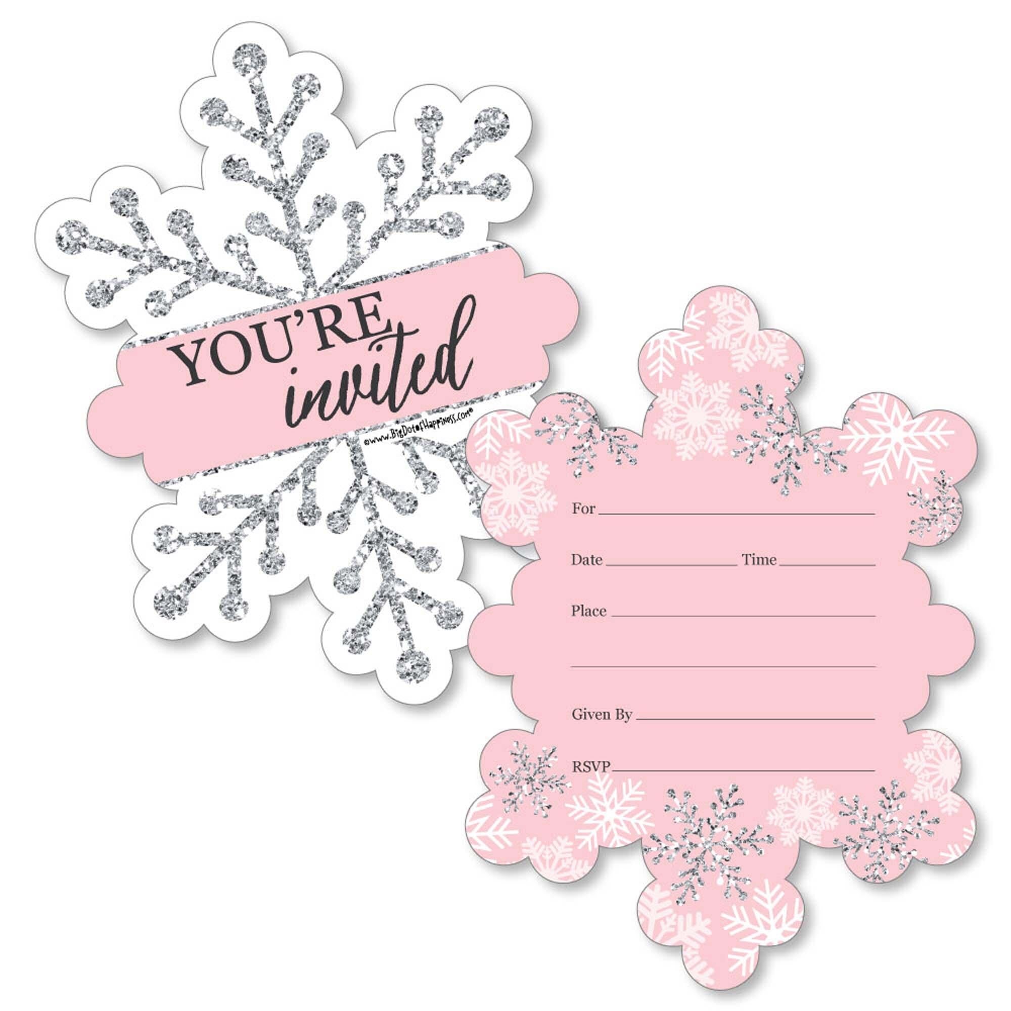 Pink Winter Wonderland - Shaped Fill-in Invitations - Holiday Snowflake Birthday Party or Baby Shower Invitation - 12 Ct, image size:2000x2000