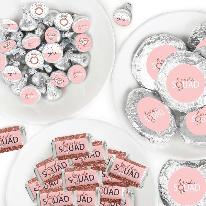 Bride Squad - Mini Candy Bar Wrappers, Round Candy Stickers and Circle Stickers - Rose Gold Bridal Shower or Bachelorette Party Candy Favor Sticker Kit - 304 Pieces