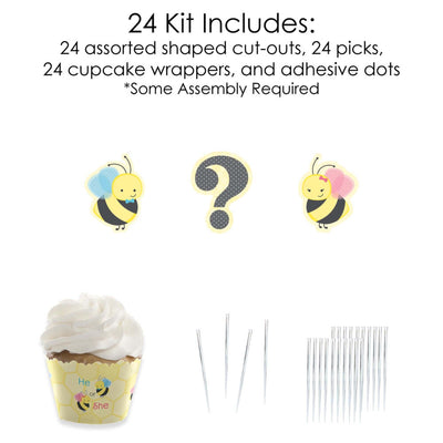 What Will It BEE? - Cupcake Decoration - Gender Reveal Cupcake Wrappers and Treat Picks Kit - Set of 24