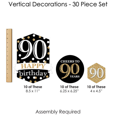 Adult 90th Birthday - Gold - Birthday Party DIY Dangler Backdrop - Hanging Vertical Decorations - 30 Pieces