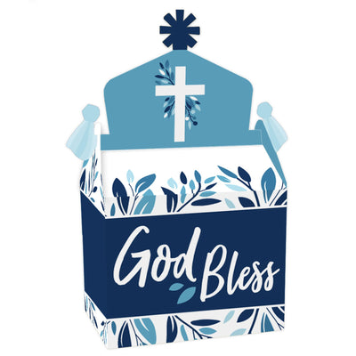 Blue Elegant Cross - Treat Box Party Favors - Boy Religious Party Goodie Gable Boxes - Set of 12