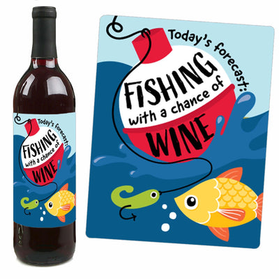Let's Go Fishing - Fish Themed Birthday Party or Baby Shower Decorations for Women and Men - Wine Bottle Label Stickers - Set of 4