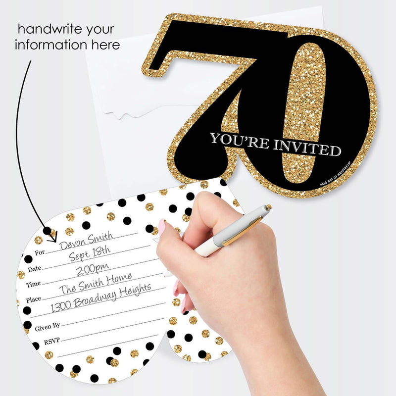 Adult 70th Birthday - Gold - Shaped Fill-In Invitations - Birthday Party Invitation Cards with Envelopes - Set of 12