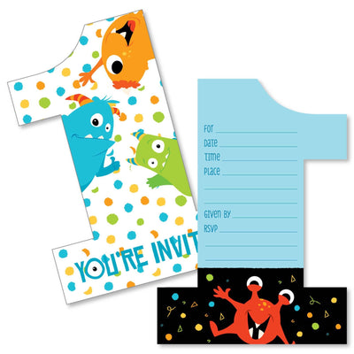 1st Birthday Monster Bash - Shaped Fill-In Invitations - Little Monster First Birthday Party Invitation Cards with Envelopes - Set of 12