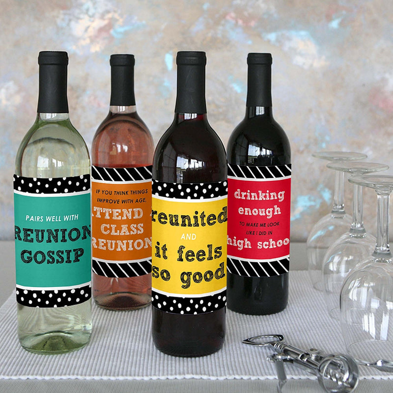 Class Reunion - Decorations for Women and Men - Wine Bottle Label Stickers - Set of 4