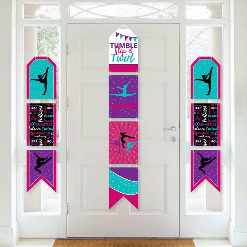 Tumble, Flip & Twirl - Gymnastics - Hanging Vertical Paper Door Banners - Birthday Party or Gymnast Party Wall Decoration Kit - Indoor Door Decor