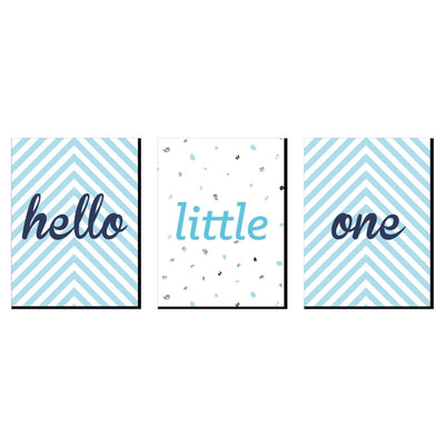 Hello Little One - Blue and Silver - Baby Boy Nursery Wall Art and Kids Room Decor - 7.5 x 10 inches - Set of 3 Prints