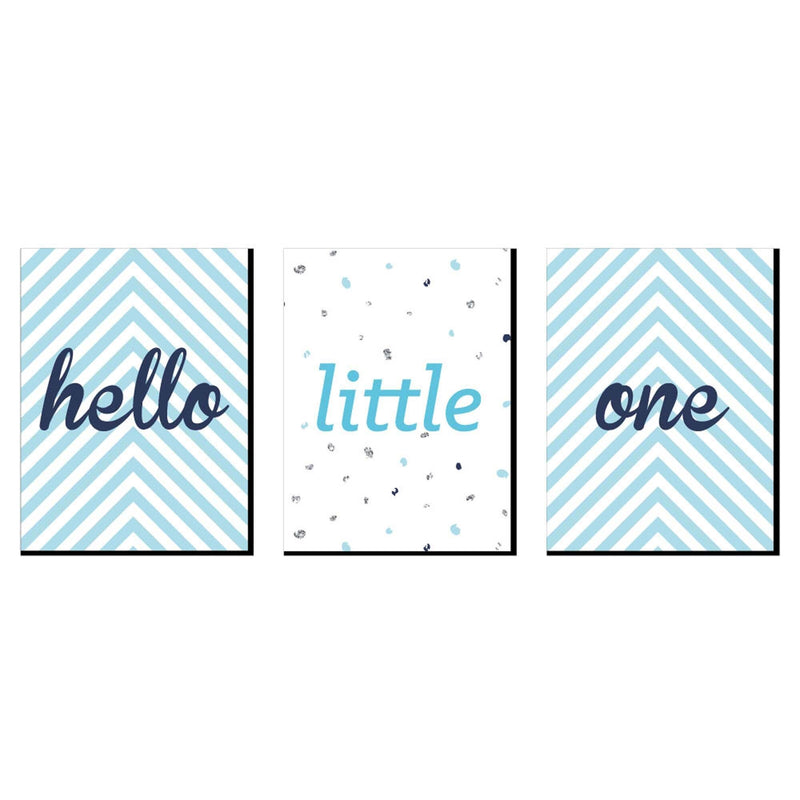 Hello Little One - Blue and Silver - Baby Boy Nursery Wall Art and Kids Room Decor - 7.5 x 10 inches - Set of 3 Prints
