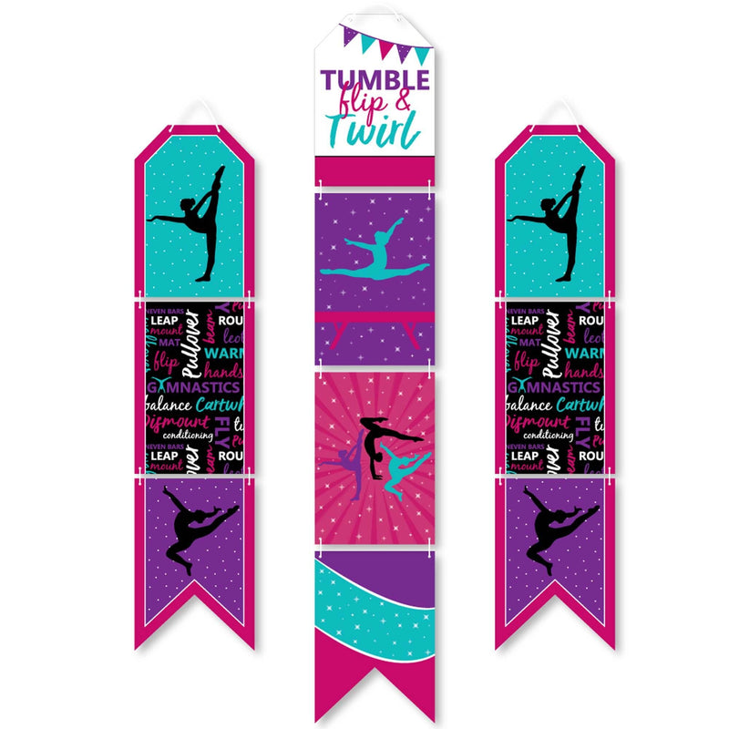 Tumble, Flip & Twirl - Gymnastics - Hanging Vertical Paper Door Banners - Birthday Party or Gymnast Party Wall Decoration Kit - Indoor Door Decor